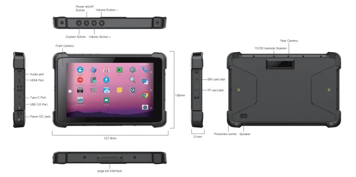 Product Six Views of 8'' Android Tablet PC EM-Q81 Rugged PC