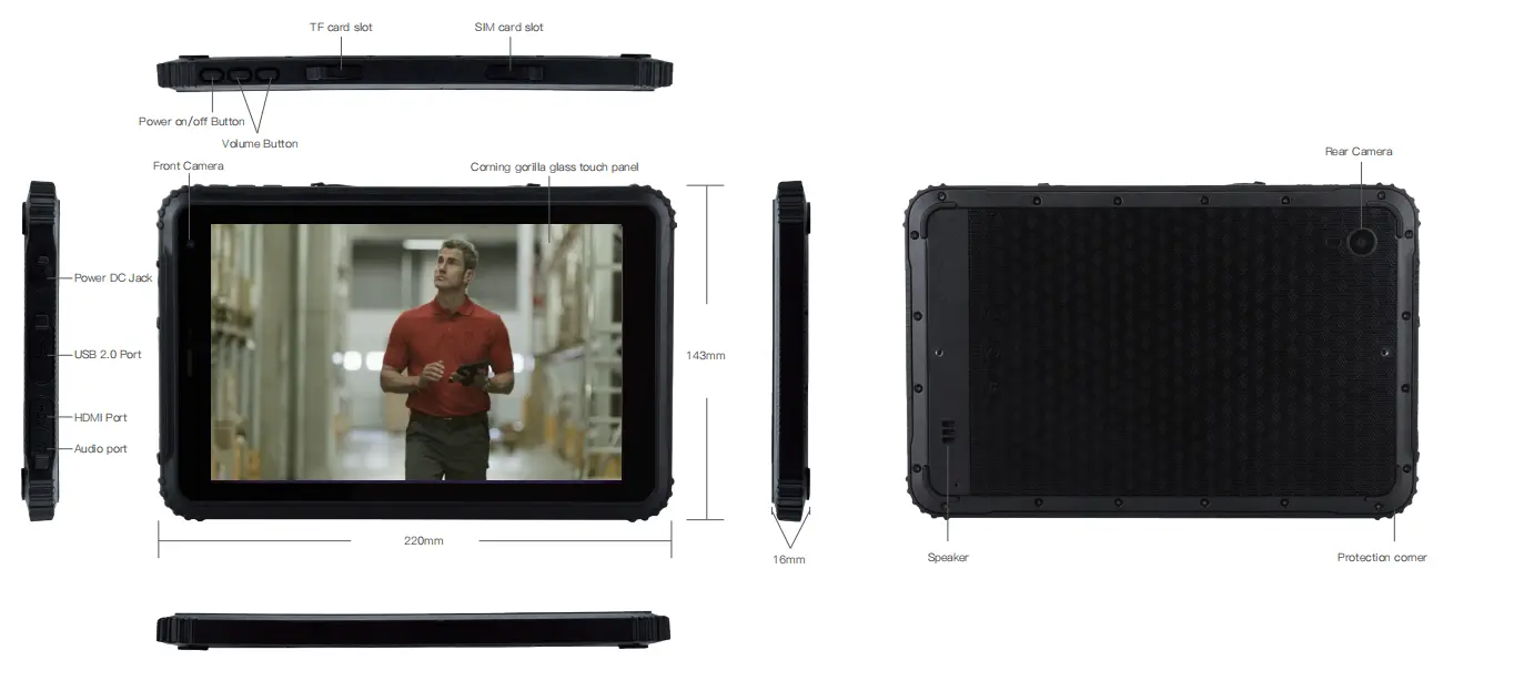 Six Views of 8'' Intel Tablet EM-I88H Rugged PC